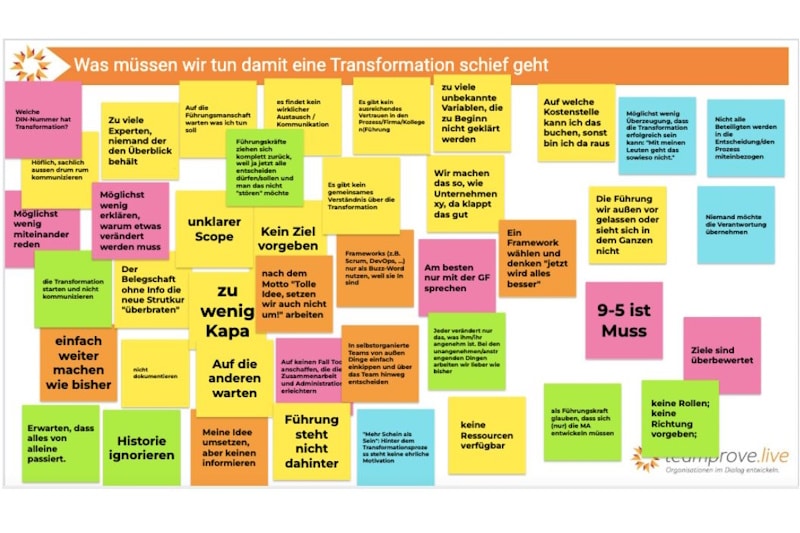 Post-its mit gesammelten Gründen für scheiterne Transformationen
